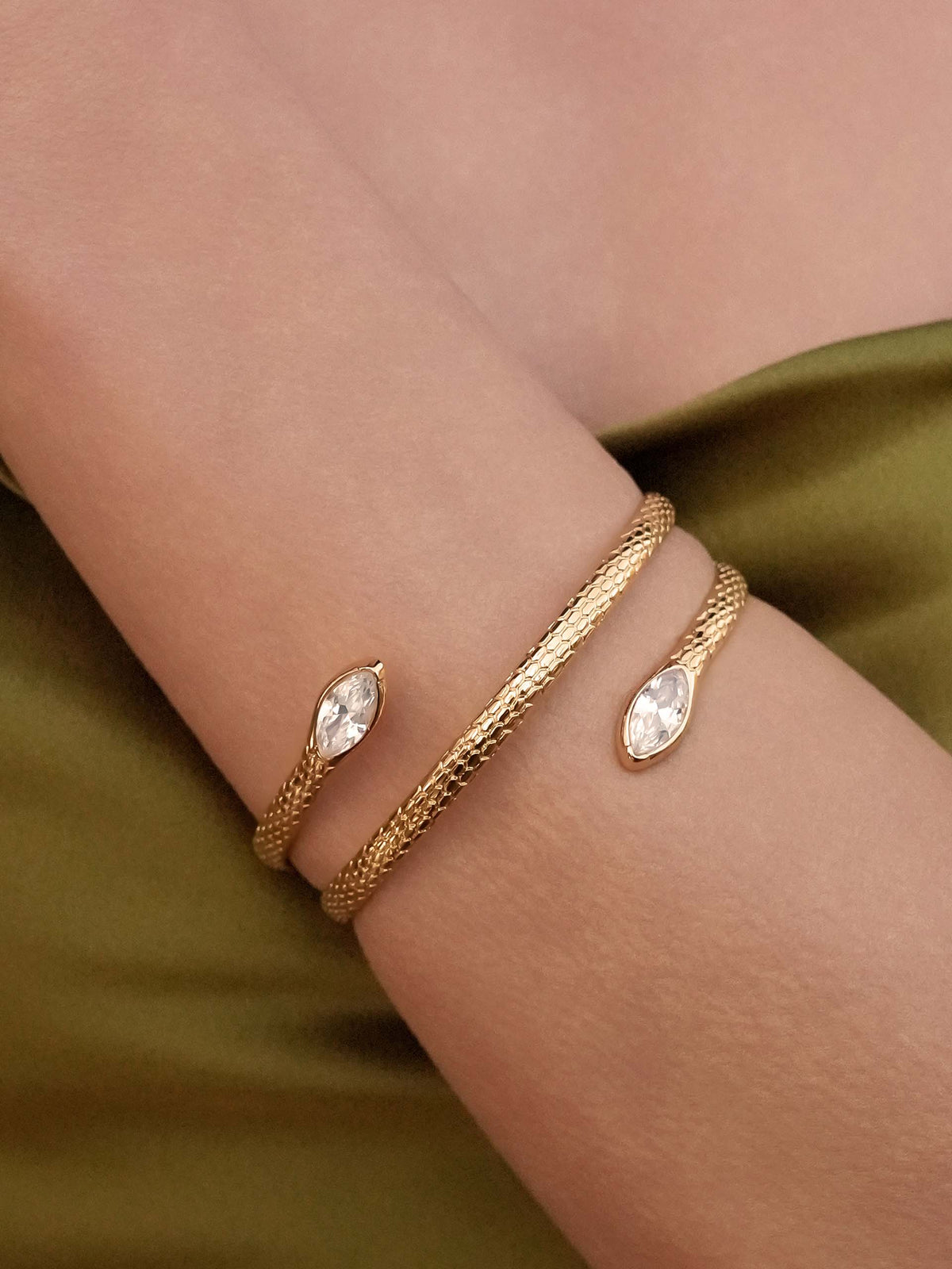 Marquise Coiled Snake Bangle - Clear Crystal with 18k Gold Plating | Ettika