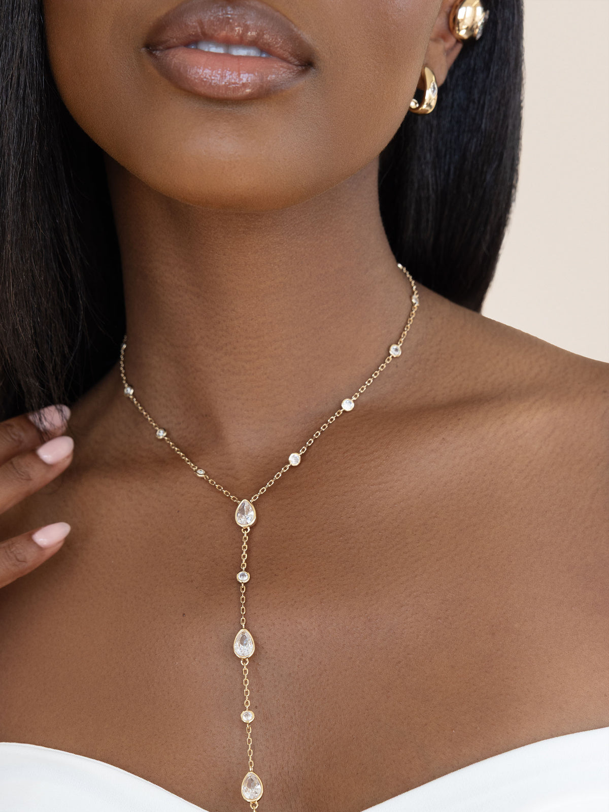 Marquise Crystal Lariat - Clear Crystal with 18k Gold Plating | Ettika
