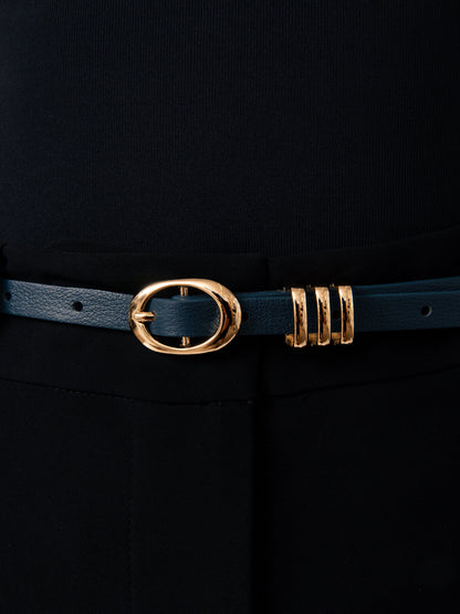 Classic Skinny Belt in Denim - Denim Leather with Gold Hardware | Ettika