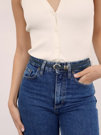 Classic Skinny Belt in Denim - Denim Leather with Gold Hardware | Ettika