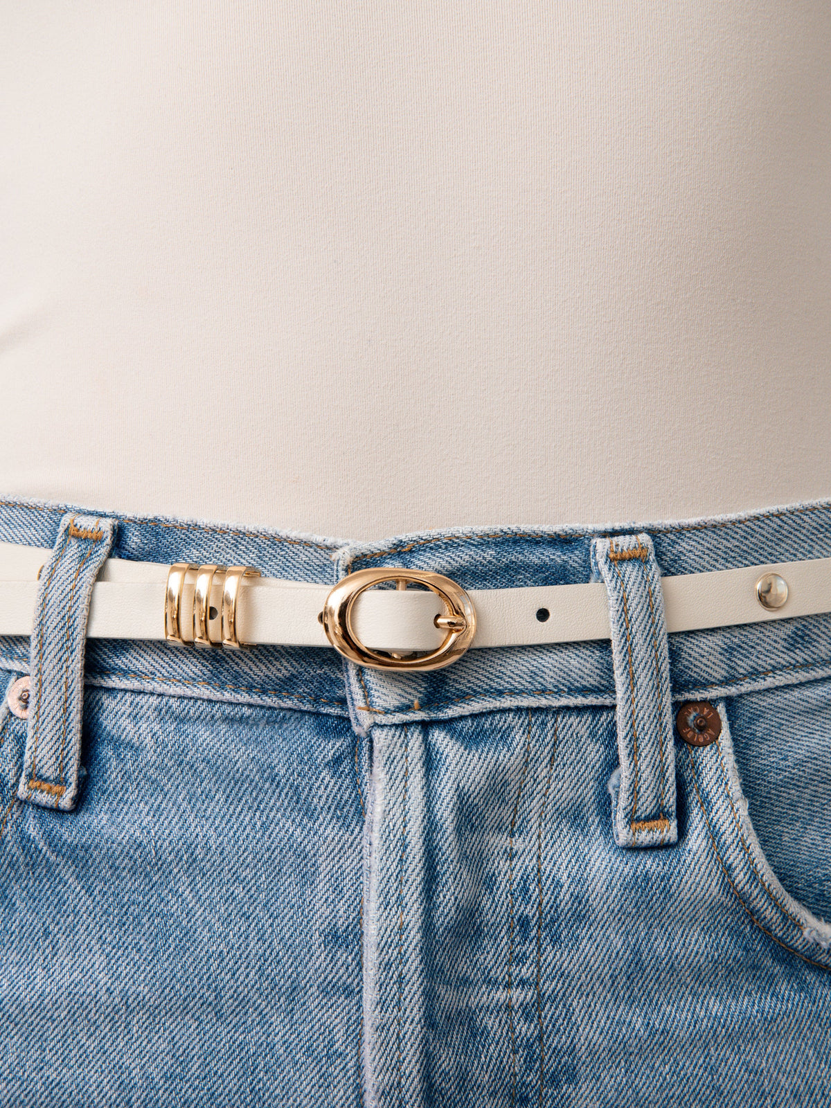 Classic Studded Skinny Belt in Vanilla - Vanilla Leather with Gold Hardware | Ettika