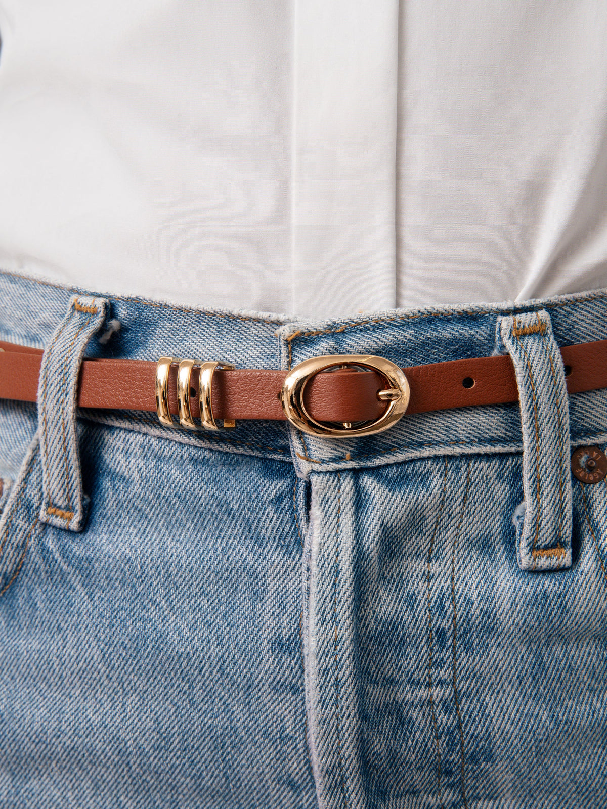 Classic Studded Skinny Belt in Cognac - Cognac Leather with Gold Hardware | Ettika