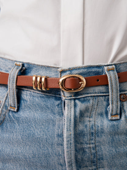 Classic Studded Skinny Belt in Cognac - Cognac Leather with Gold Hardware | Ettika
