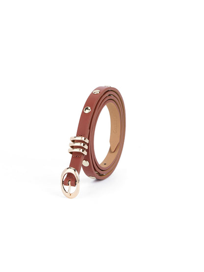 Classic Studded Skinny Belt in Cognac - Cognac Leather with Gold Hardware | Ettika