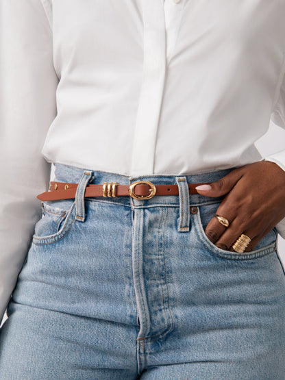 Classic Studded Skinny Belt in Cognac - Cognac Leather with Gold Hardware | Ettika