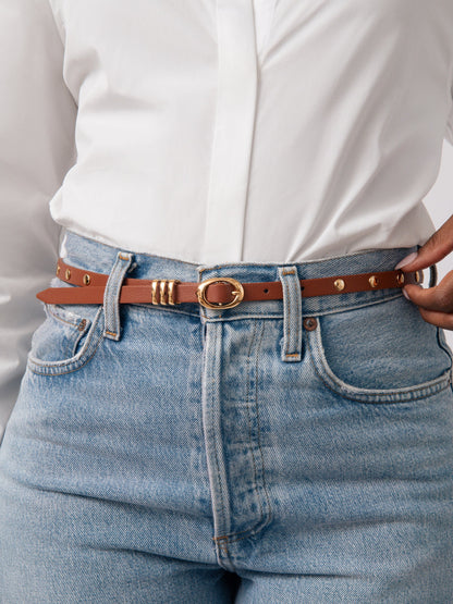 Classic Studded Skinny Belt in Cognac - Cognac Leather with Gold Hardware | Ettika