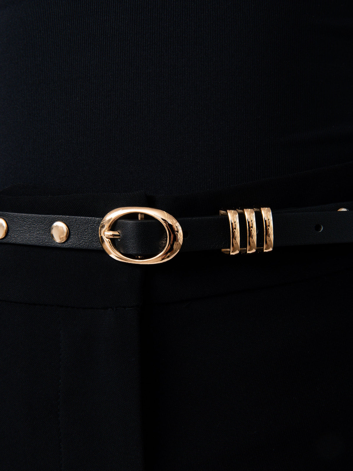 Classic Studded Skinny Belt in Black - Carbon Black Leather with Gold Hardware | Ettika