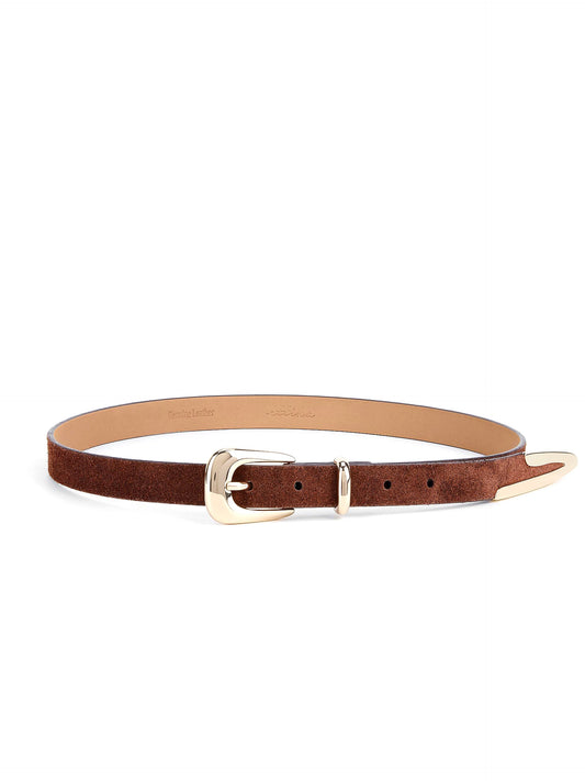 Modern Saddle Belt in Warm Truffle - Warm Truffle Suede with Gold Hardware | Ettika