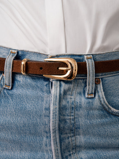 Modern Saddle Belt in Warm Truffle - Warm Truffle Suede with Gold Hardware | Ettika