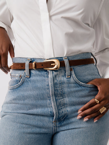 Modern Saddle Belt in Warm Truffle - Warm Truffle Suede with Gold Hardware | Ettika