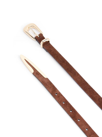Modern Saddle Belt in Warm Truffle - Warm Truffle Suede with Gold Hardware | Ettika