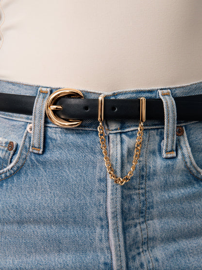 Cascade Chain Belt in Black - Carbon Black Leather with Gold Hardware | Ettika