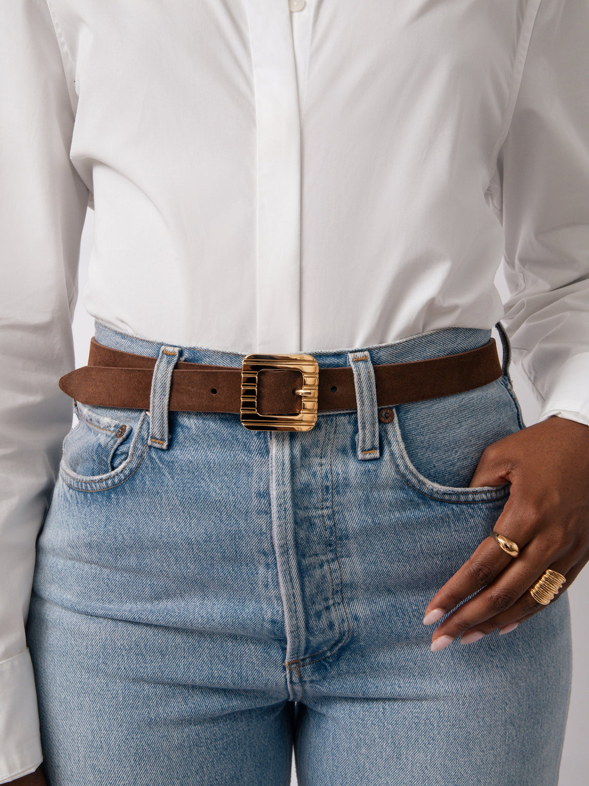 Timeless Texture Belt in Warm Truffle - Warm Truffle Suede with Gold Hardware | Ettika