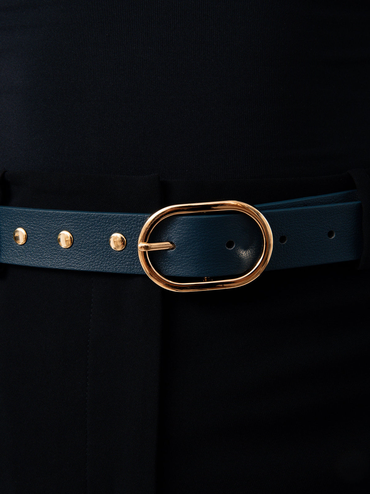 Boyfriend Stud Belt in Denim - Denim Leather with Gold Hardware | Ettika
