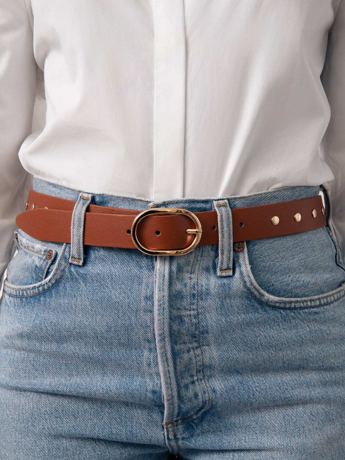Boyfriend Stud Belt in Cognac - Cognac Leather with Gold Hardware | Ettika