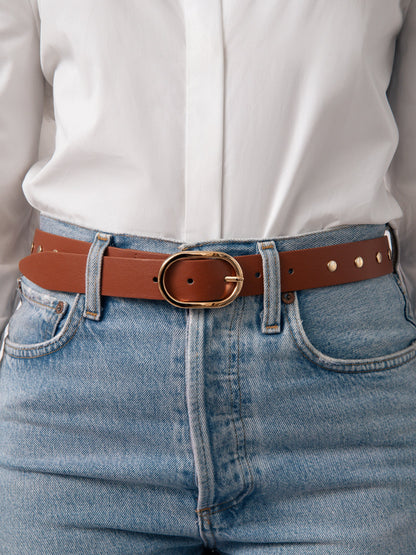 Boyfriend Stud Belt in Cognac - Cognac Leather with Gold Hardware | Ettika