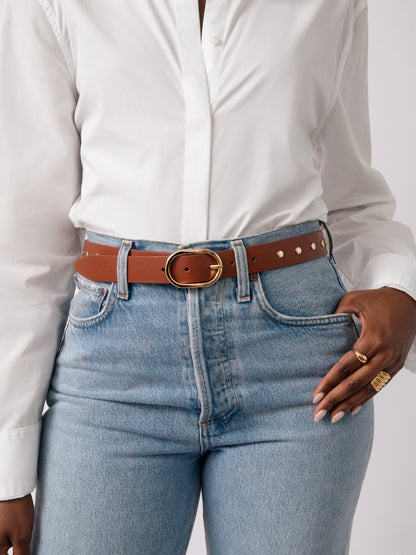 Boyfriend Stud Belt in Cognac - Cognac Leather with Gold Hardware | Ettika
