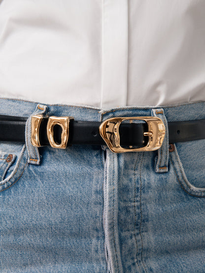 Molten Metal Belt in Black - Carbon Black Leather with Gold Hardware | Ettika
