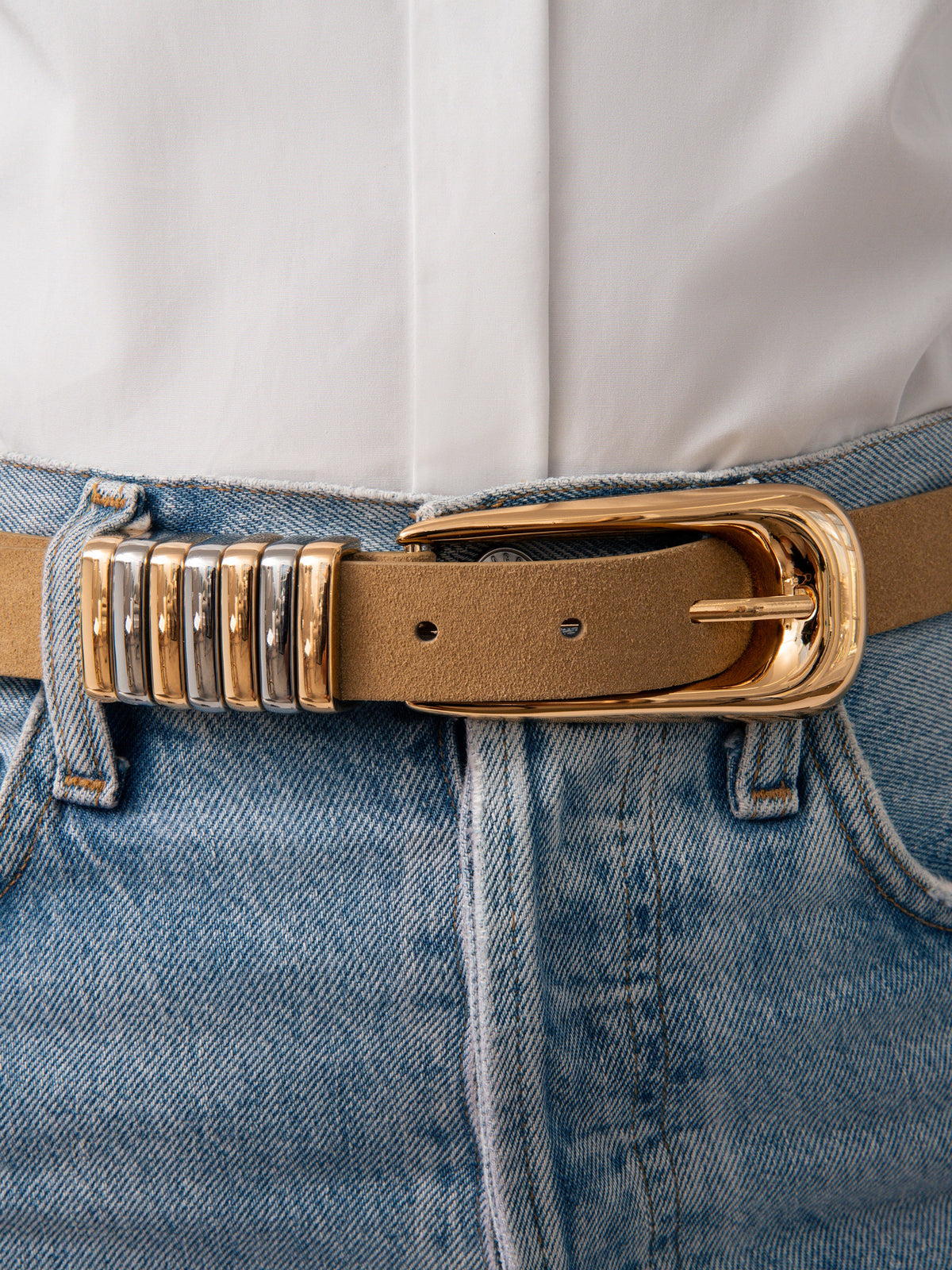 Metal Core Belt in Shiitake - Shiitake Suede with Mixed Metal Hardware | Ettika