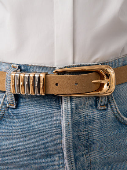 Metal Core Belt in Shiitake - Shiitake Suede with Mixed Metal Hardware | Ettika