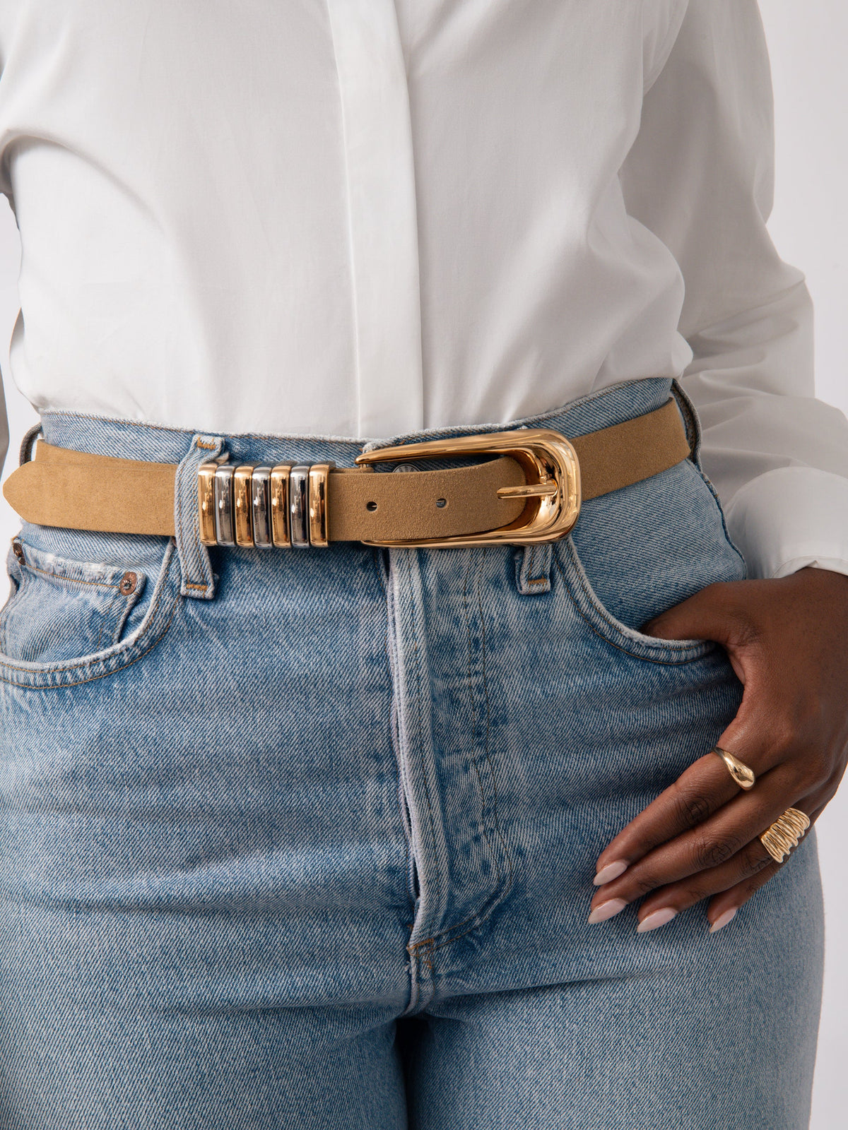Metal Core Belt in Shiitake - Shiitake Suede with Mixed Metal Hardware | Ettika