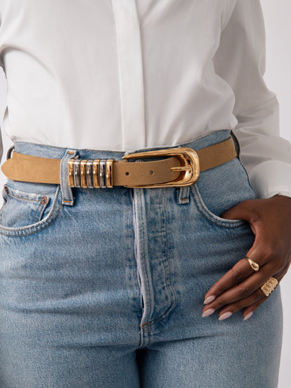 Metal Core Belt in Shiitake - Shiitake Suede with Mixed Metal Hardware | Ettika