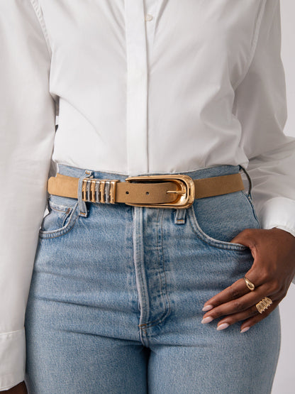 Metal Core Belt in Shiitake - Shiitake Suede with Mixed Metal Hardware | Ettika
