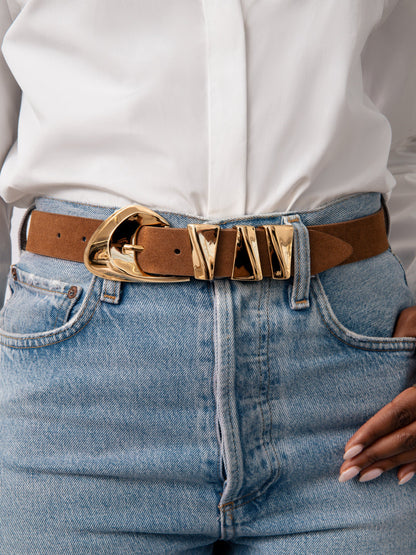 Modern Western Belt in Mocha - Mocha Suede with Gold Hardware | Ettika
