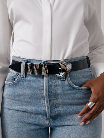 Modern Western Belt in Black - Carbon Black Leather with Silver Hardware | Ettika