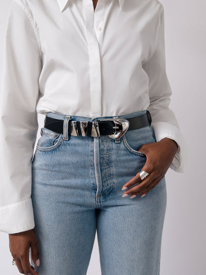 Modern Western Belt in Black - Carbon Black Leather with Silver Hardware | Ettika