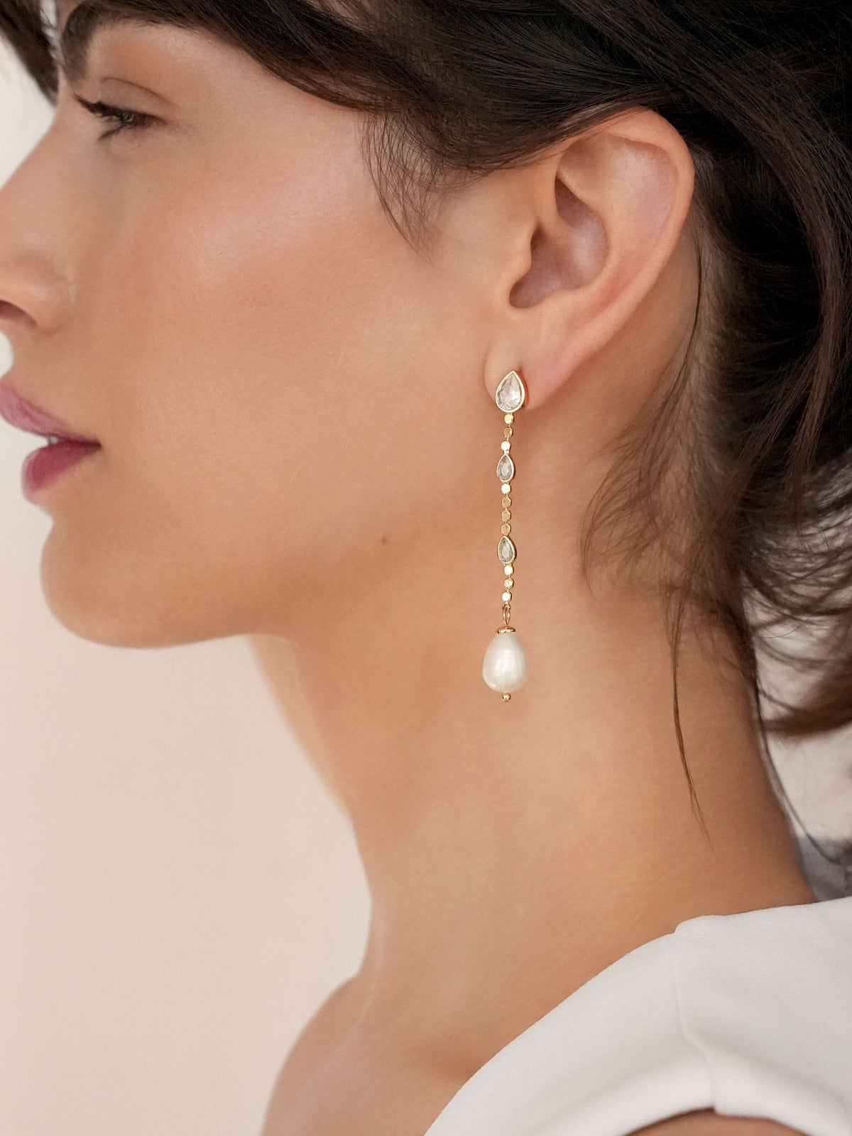 Droplet Crystal and Pearl Earring - Clear Crystal with 18k Gold Plating | Ettika