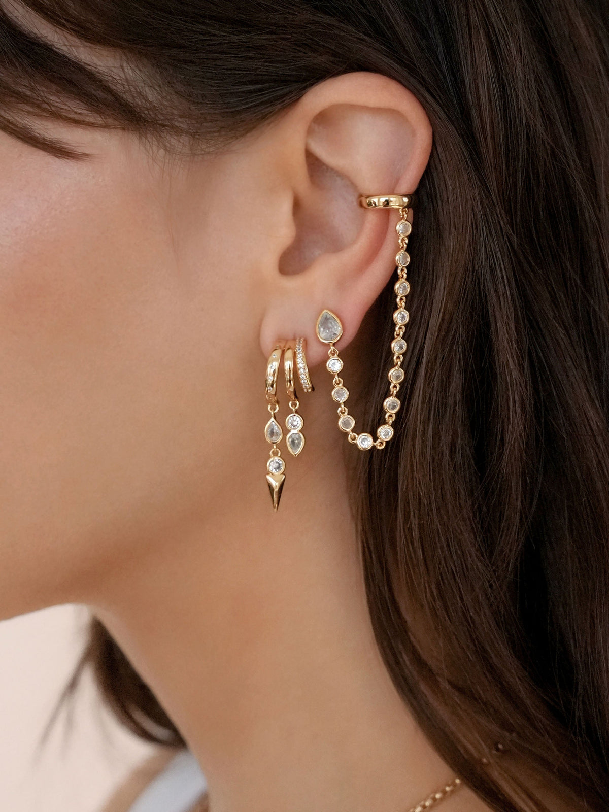 Ear Cuff Crystal Chain Stud - Clear Crystal with 18k Gold Plating | Ettika