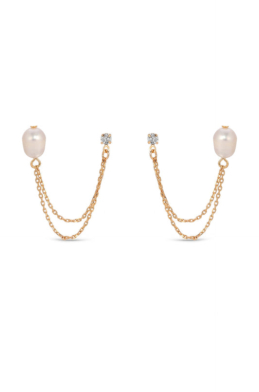 Double Piercing Freshwater Pearl Earring - Pearl with 18k Gold Plating | Ettika