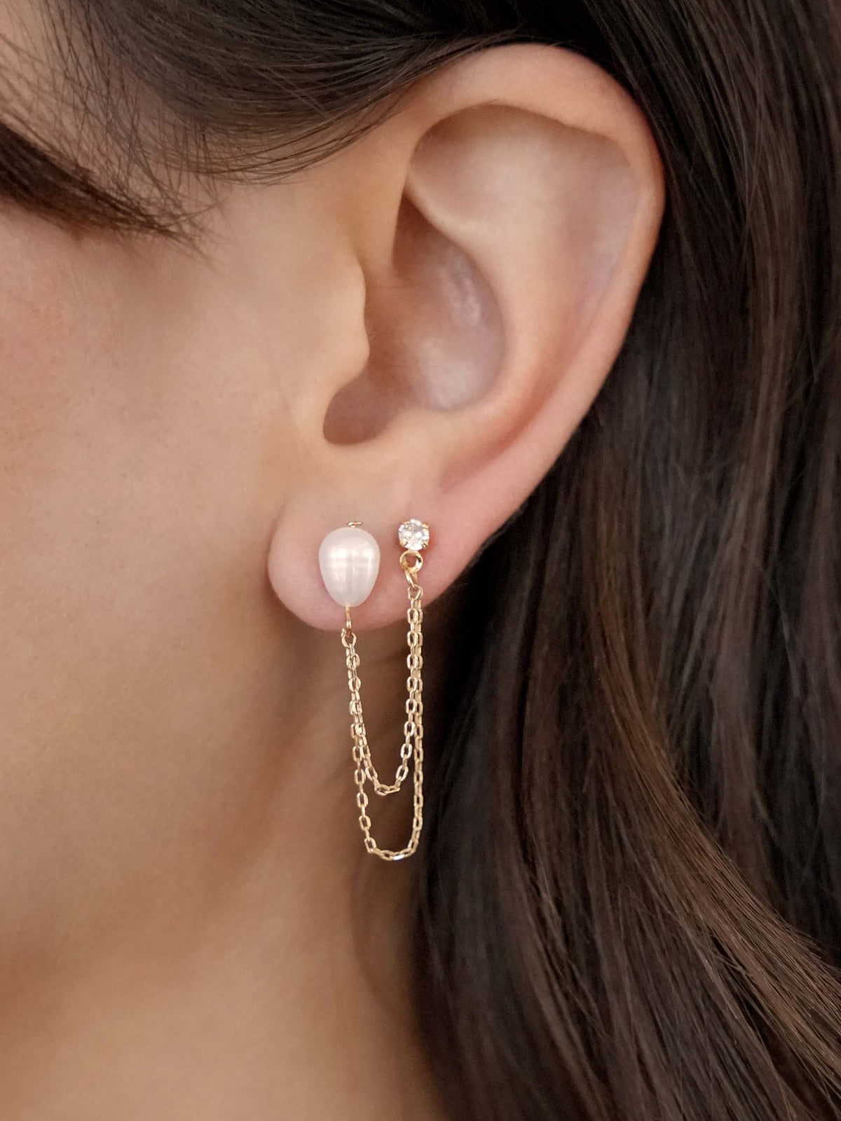 Double Piercing Freshwater Pearl Earring - Pearl with 18k Gold Plating | Ettika