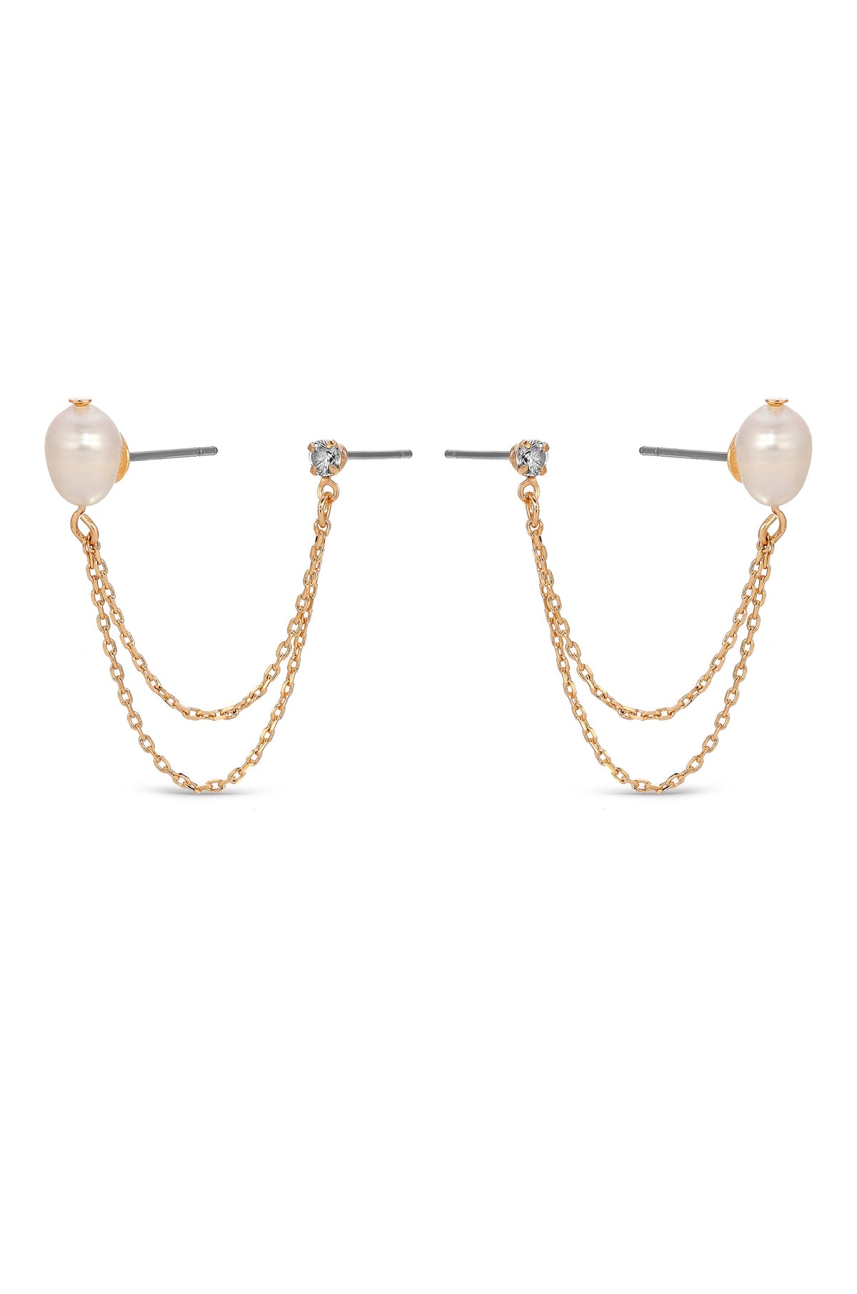 Double Piercing Freshwater Pearl Earring - Pearl with 18k Gold Plating | Ettika