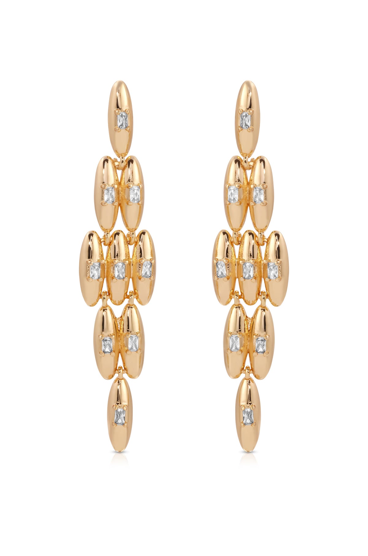 Oval Dome Baguette Dangle Earrings - Clear Crystal with 18k Gold Plating | Ettika