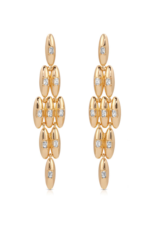 Oval Dome Baguette Dangle Earrings - Clear Crystal with 18k Gold Plating | Ettika