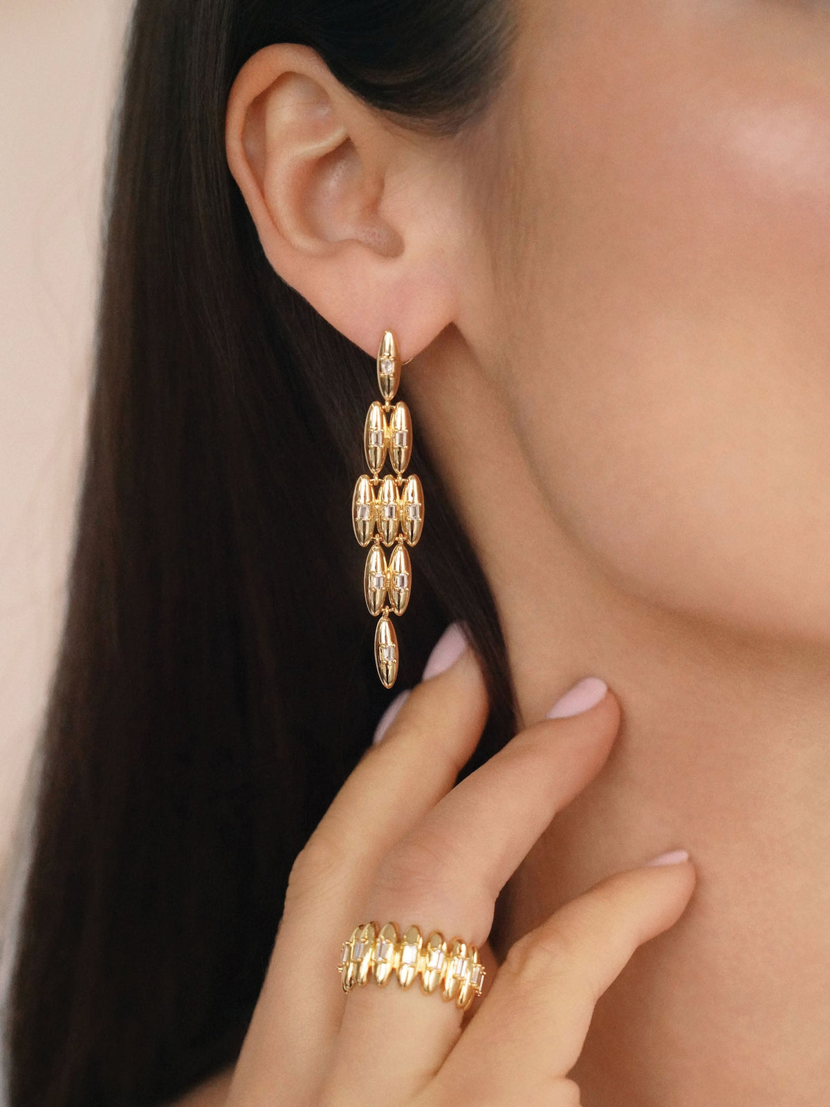 Oval Dome Baguette Dangle Earrings - Clear Crystal with 18k Gold Plating | Ettika