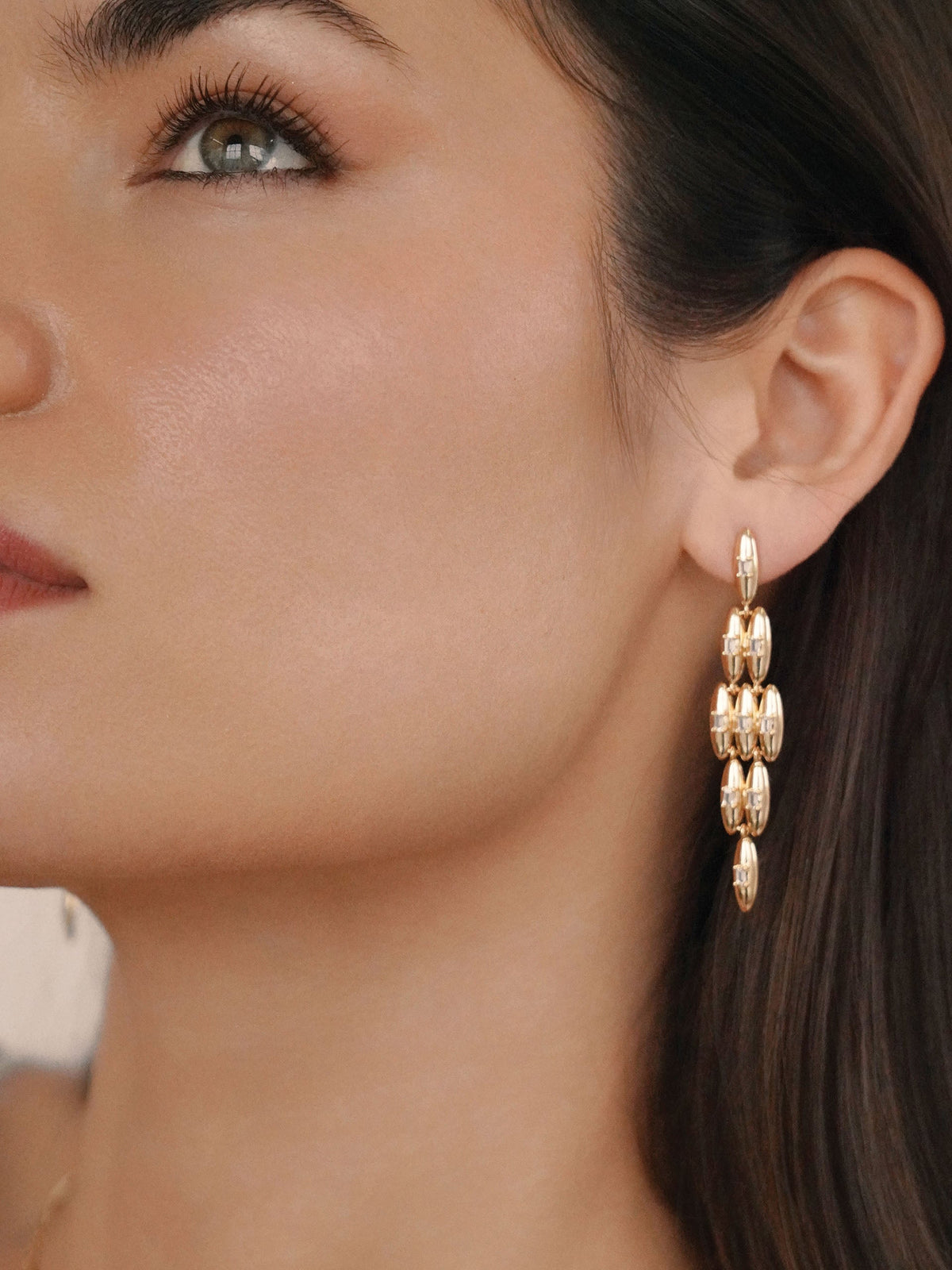 Oval Dome Baguette Dangle Earrings - Clear Crystal with 18k Gold Plating | Ettika