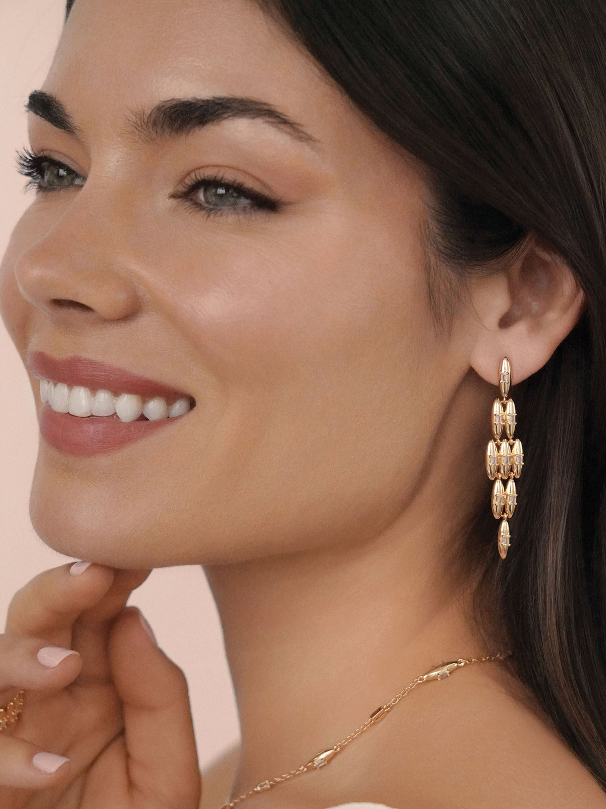 Oval Dome Baguette Dangle Earrings - Clear Crystal with 18k Gold Plating | Ettika
