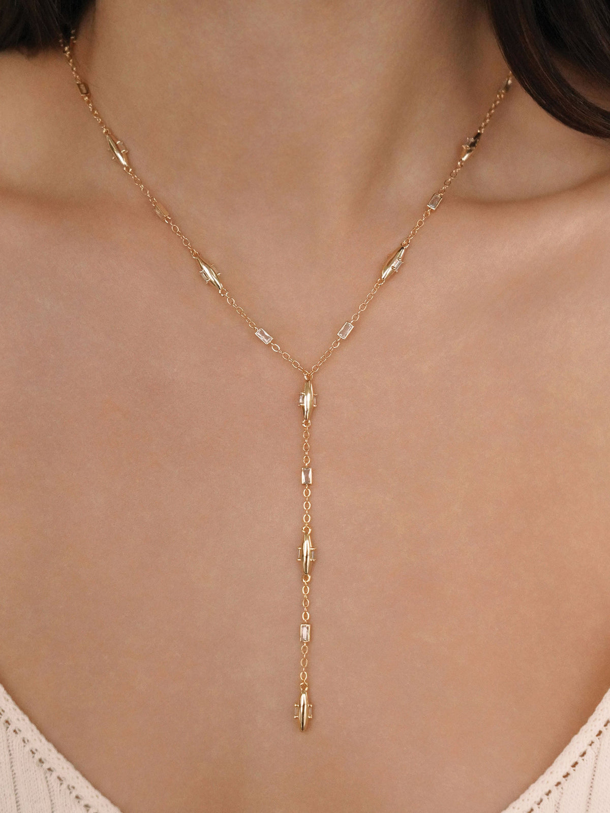 Oval Dome Lariat Necklace - Clear Crystal with 18k Gold Plating | Ettika