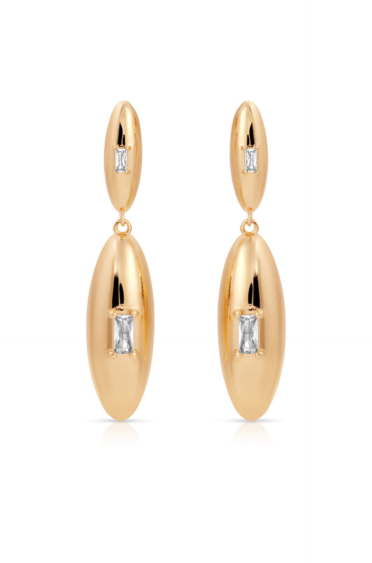 Oval Dome Double Drop Earrings - Clear Crystal with 18k Gold Plating | Ettika