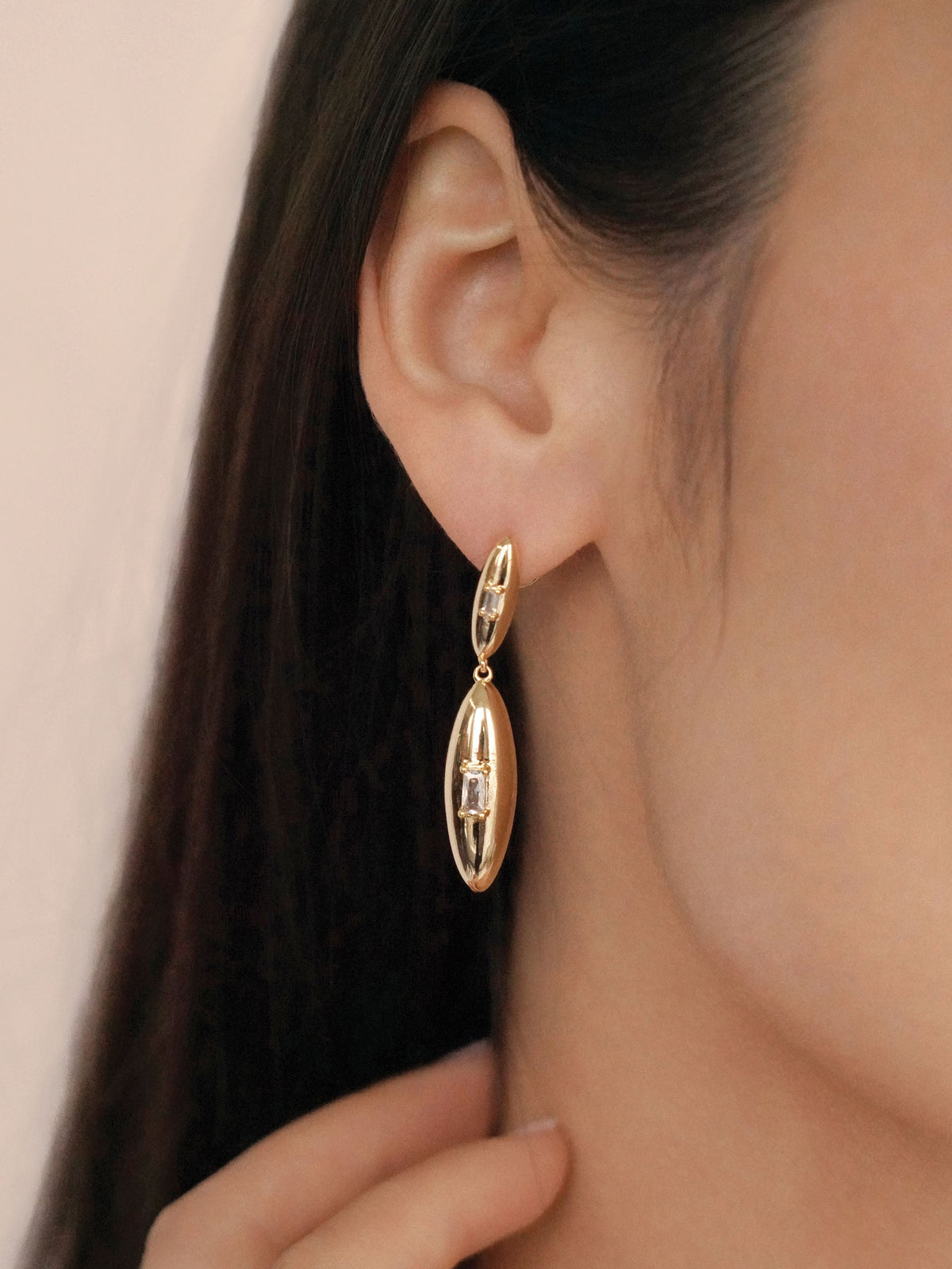 Oval Dome Double Drop Earrings - Clear Crystal with 18k Gold Plating | Ettika