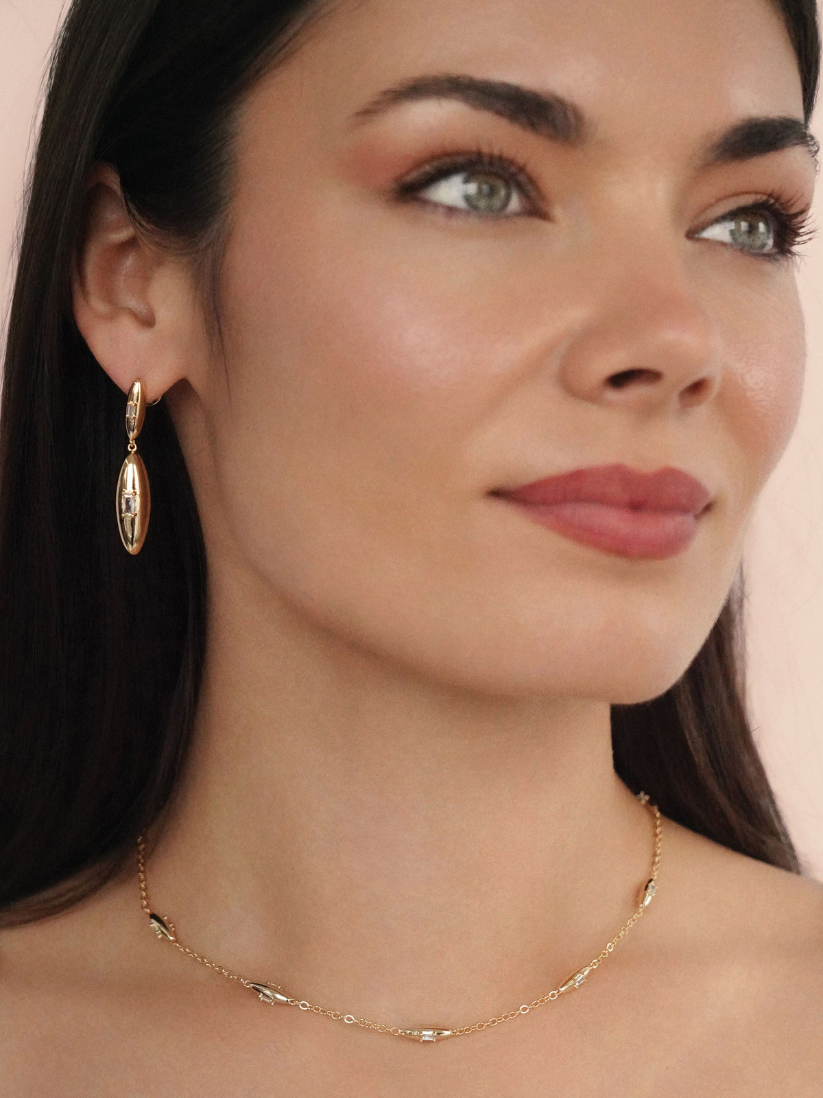 Oval Dome Double Drop Earrings - Clear Crystal with 18k Gold Plating | Ettika