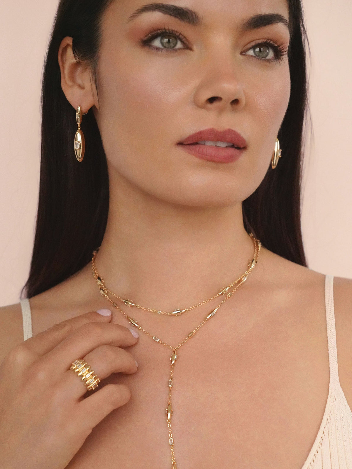 Oval Dome Double Drop Earrings - Clear Crystal with 18k Gold Plating | Ettika