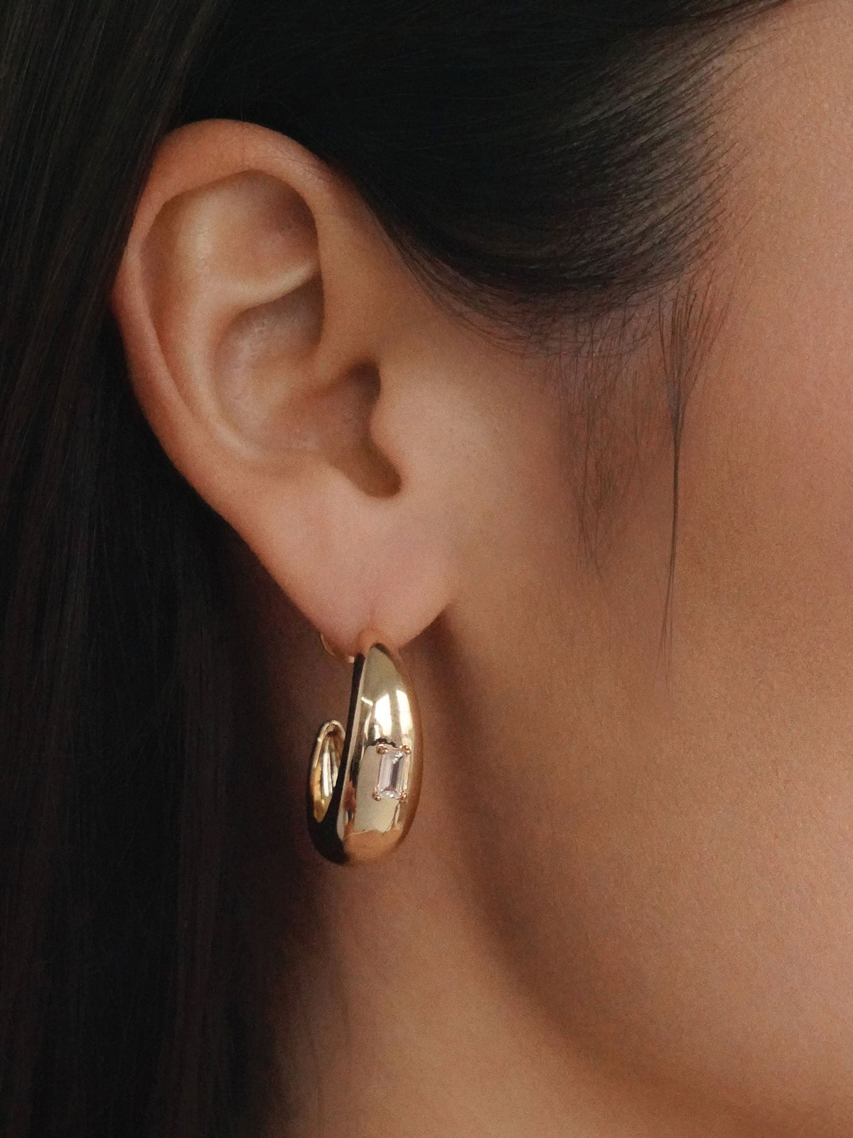 Oval Dome Baguette Hoops - Clear Crystal with 18k Gold Plating | Ettika