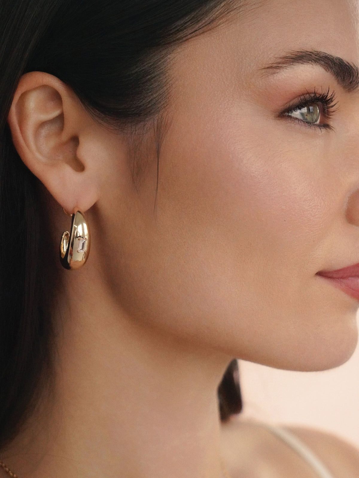 Oval Dome Baguette Hoops - Clear Crystal with 18k Gold Plating | Ettika