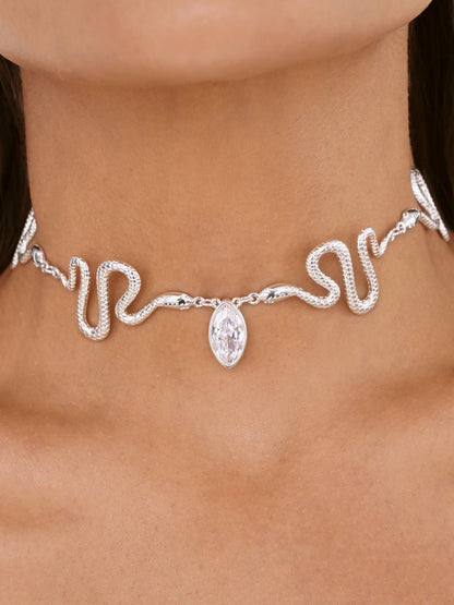 Serpentina Snake Choker - Clear Crystal with Silver Plating | Ettika