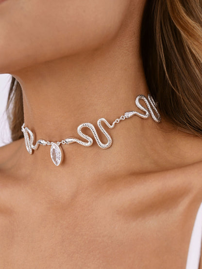 Serpentina Snake Choker - Clear Crystal with Silver Plating | Ettika