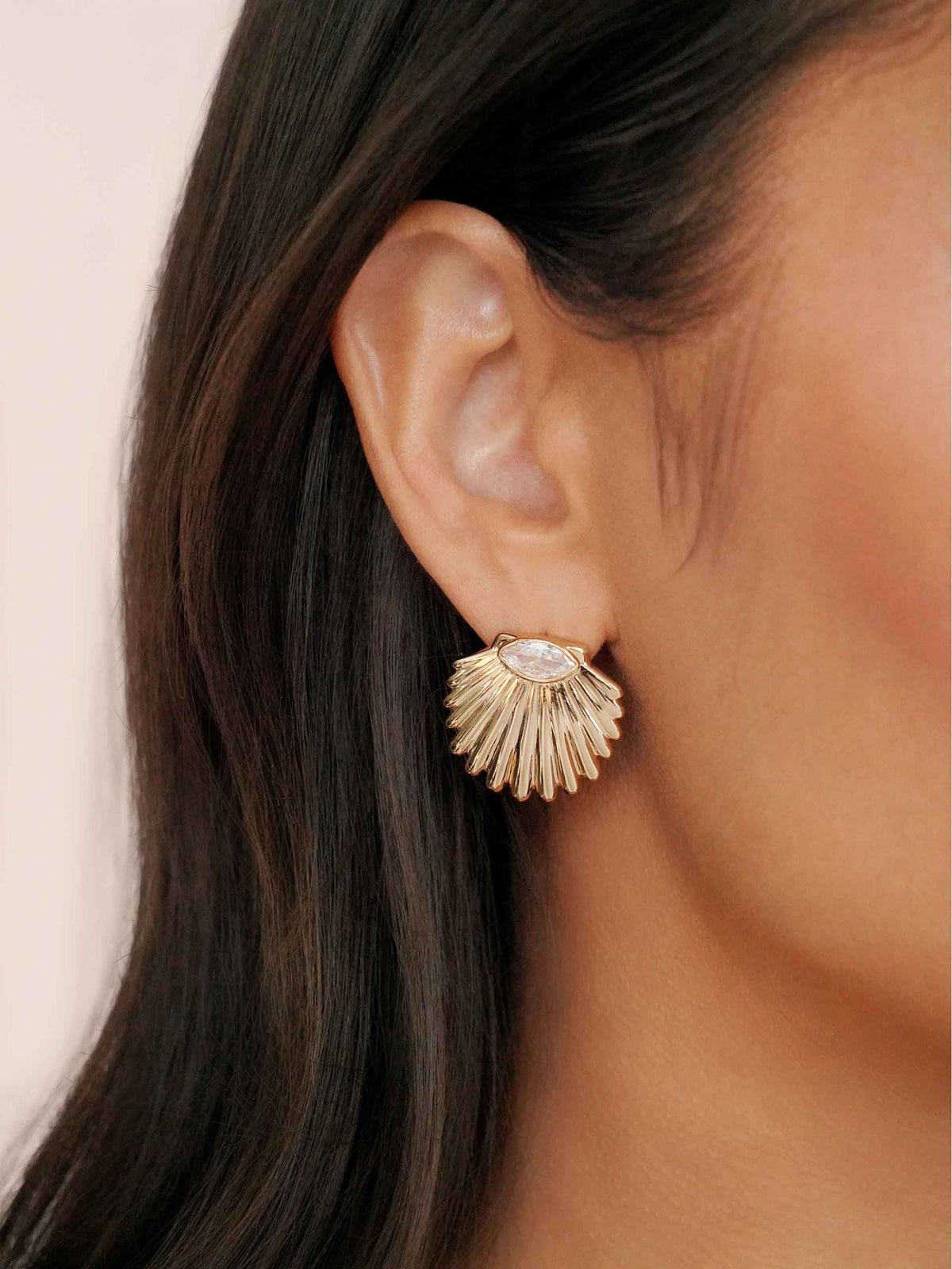 Santorini Shell Studs - Clear Crystal with 18k Gold Plating | Ettika